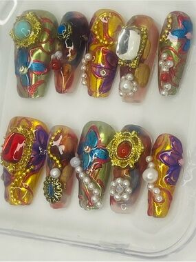 3D Jeweled Multicolor Handmade Press-On Nail Set